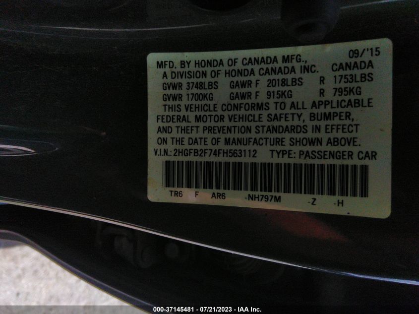 2015 HONDA CIVIC SEDAN SE - 2HGFB2F74FH563112