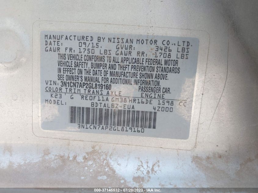 2016 NISSAN VERSA S/S PLUS/SL/SV - 3N1CN7AP2GL819160