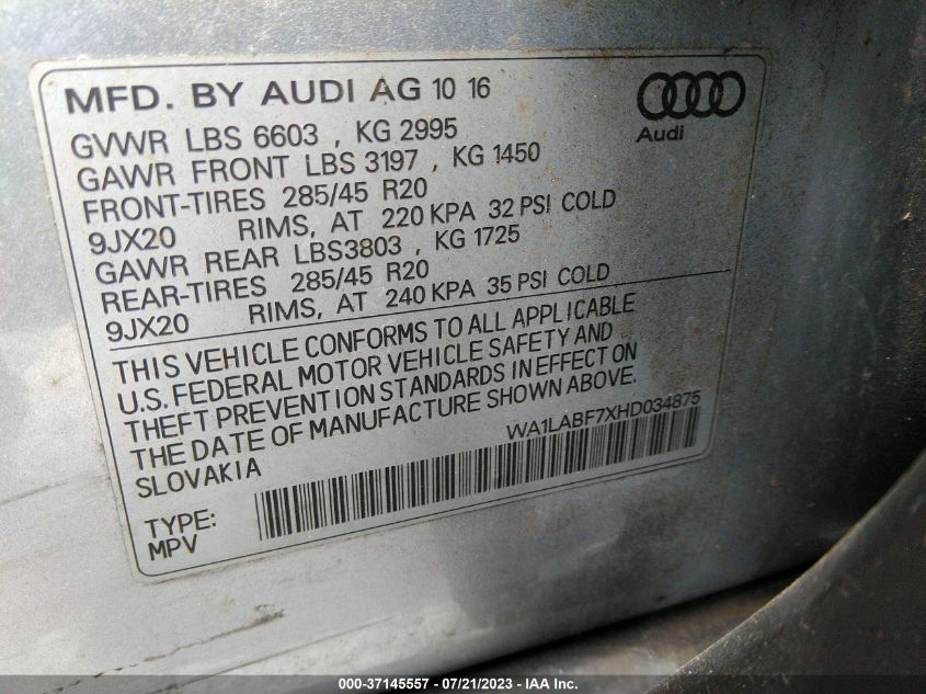 2017 AUDI Q7 PREMIUM PLUS - WA1LABF7XHD034875