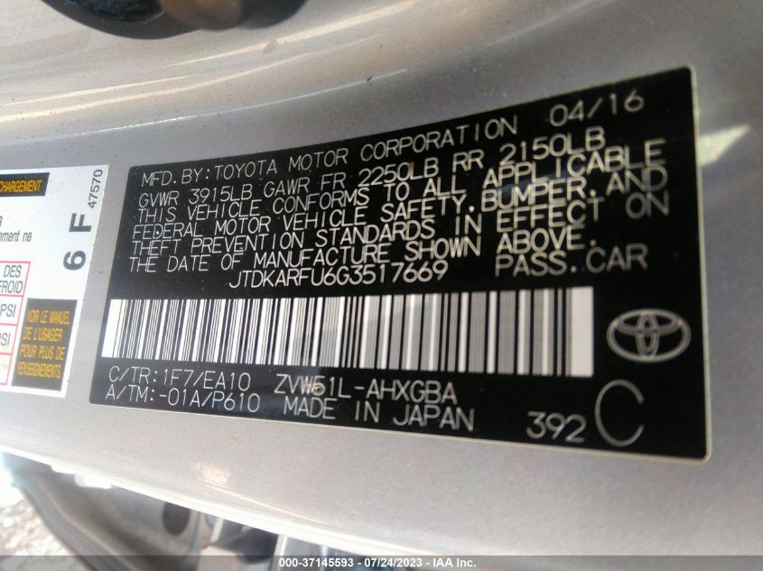2016 TOYOTA PRIUS FOUR - JTDKARFU6G3517669