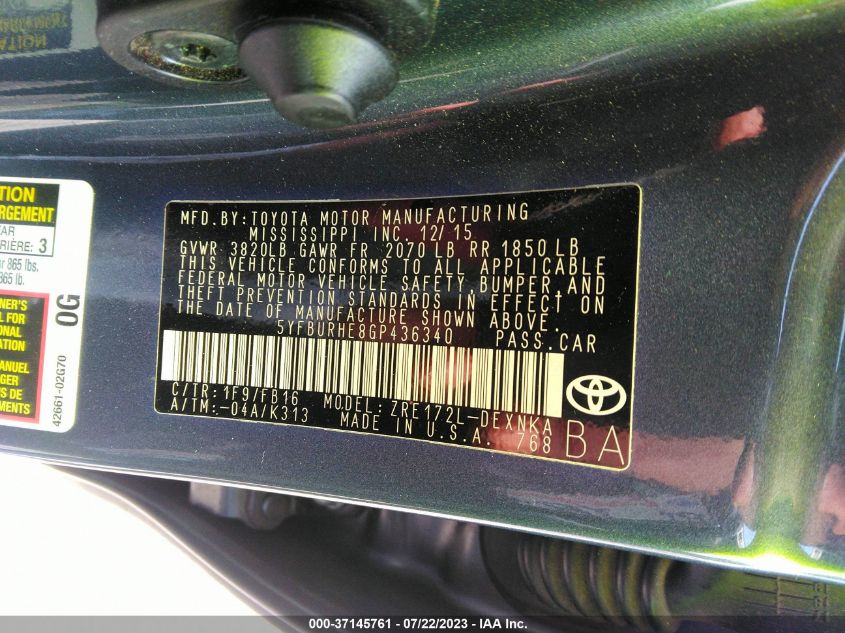 2016 TOYOTA COROLLA L/LE/S/S PLUS/LE PLUS - 5YFBURHE8GP436340