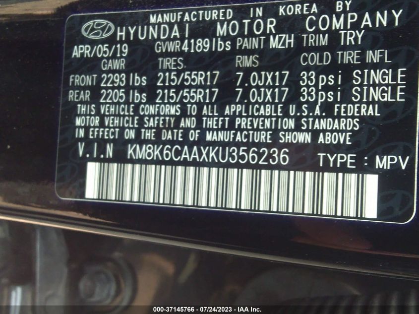 2019 HYUNDAI KONA SEL - KM8K6CAAXKU356236