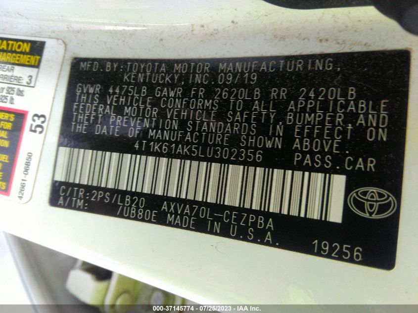 2020 TOYOTA CAMRY XSE - 4T1K61AK5LU302356