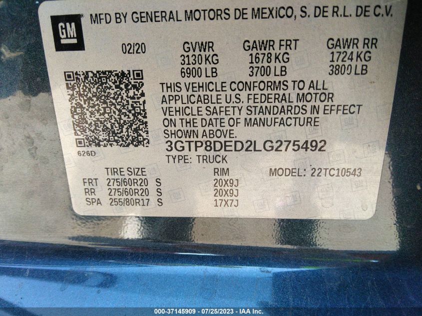 2020 GMC SIERRA 1500 SLT - 3GTP8DED2LG275492