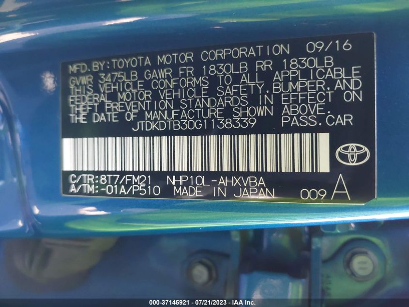 2016 TOYOTA PRIUS C ONE/TWO/THREE/FOUR - JTDKDTB30G1138339