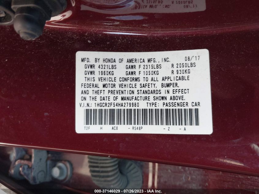 2017 HONDA ACCORD SEDAN SPORT - 1HGCR2F54HA279980