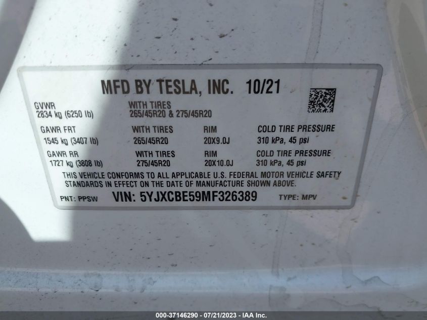 2021 TESLA MODEL X - 5YJXCBE59MF326389