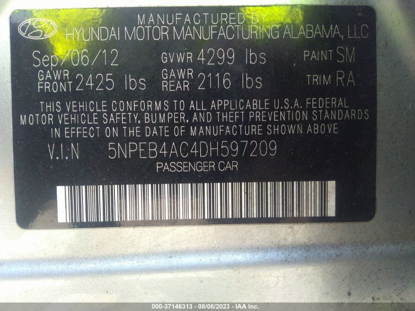 2013 HYUNDAI SONATA GLS - 5NPEB4AC4DH597209