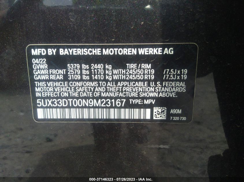 2022 BMW X4 XDRIVE30I - 5UX33DT00N9M23167
