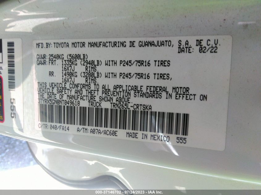 2022 TOYOTA TACOMA 2WD SR/SR5 - 3TYRX5GN8NT049618