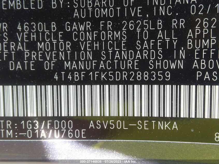 2013 TOYOTA CAMRY L/LE/SE/XLE - 4T4BF1FK5DR288359
