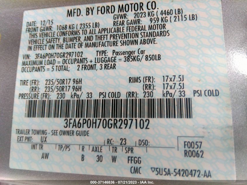 2016 FORD FUSION SE - 3FA6P0H70GR297102