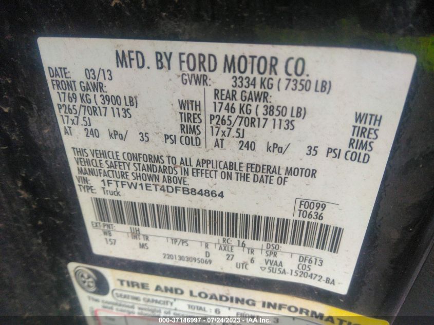 2013 FORD F-150 XL/XLT/FX4/LARIAT - 1FTFW1ET4DFB84864