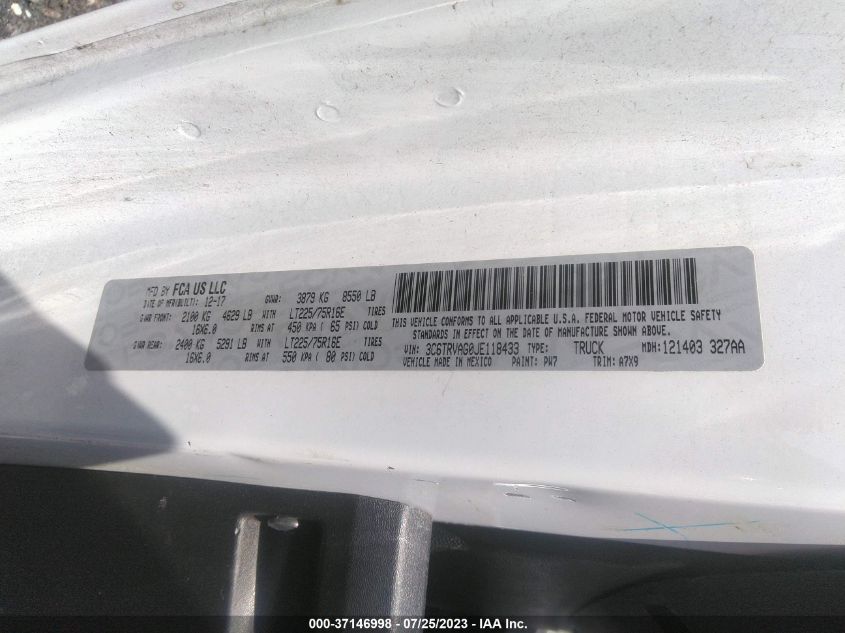 2018 RAM PROMASTER CARGO VAN - 3C6TRVAG0JE118433