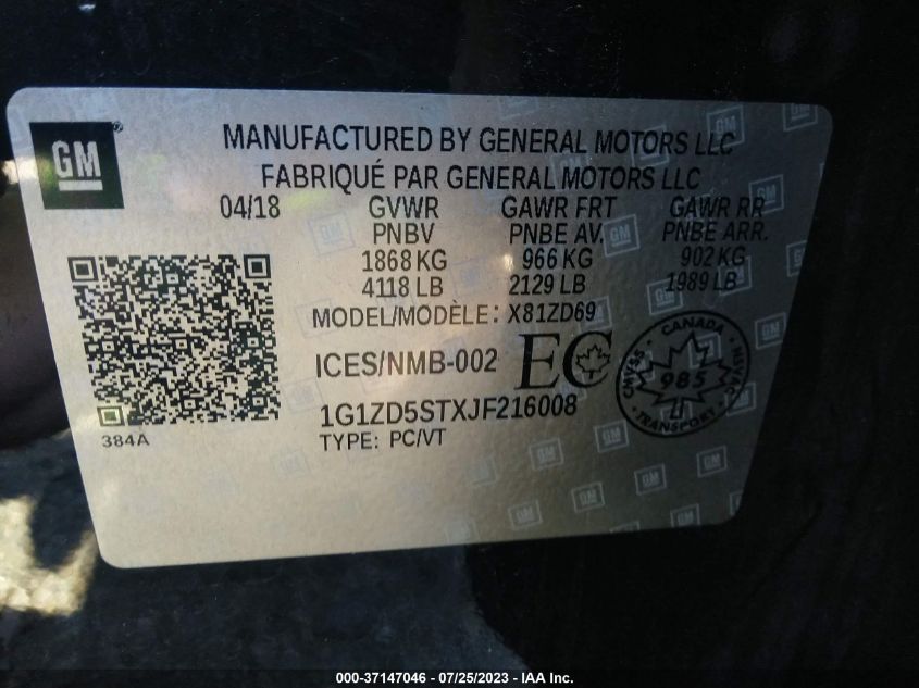 2018 CHEVROLET MALIBU LT - 1G1ZD5STXJF216008