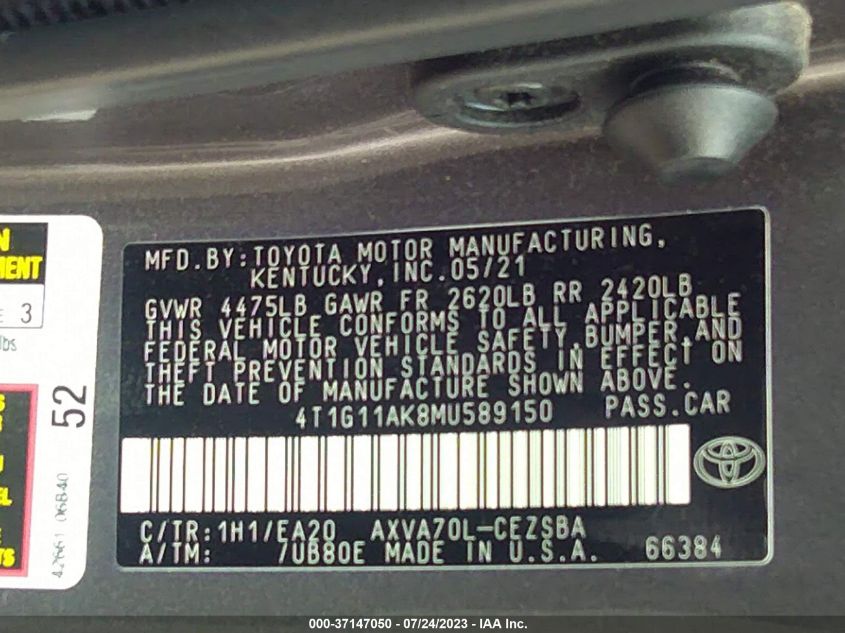 2021 TOYOTA CAMRY SE/SE NIGHT SHADE - 4T1G11AK8MU589150