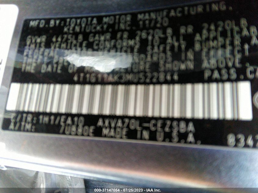 2021 TOYOTA CAMRY SE/SE NIGHT SHADE - 4T1G11AK3MU522844