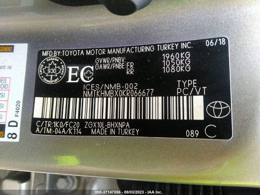 2019 TOYOTA C-HR XLE/LE/LIMITED - NMTKHMBX0KR066677