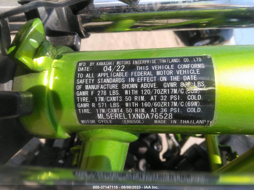 2022 KAWASAKI ER650 L ML5EREL1XNDA76528