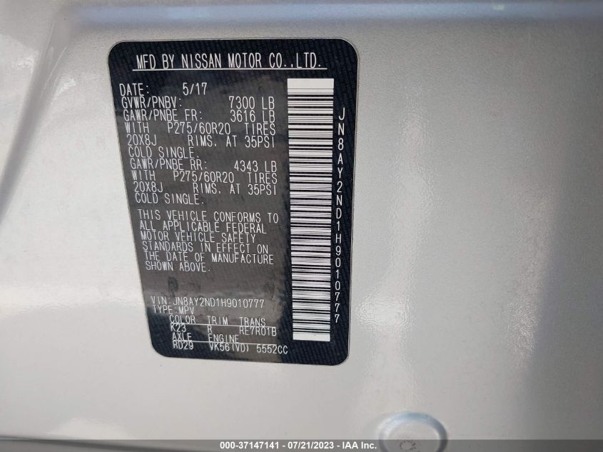 2017 NISSAN ARMADA PLATINUM - JN8AY2ND1H9010777