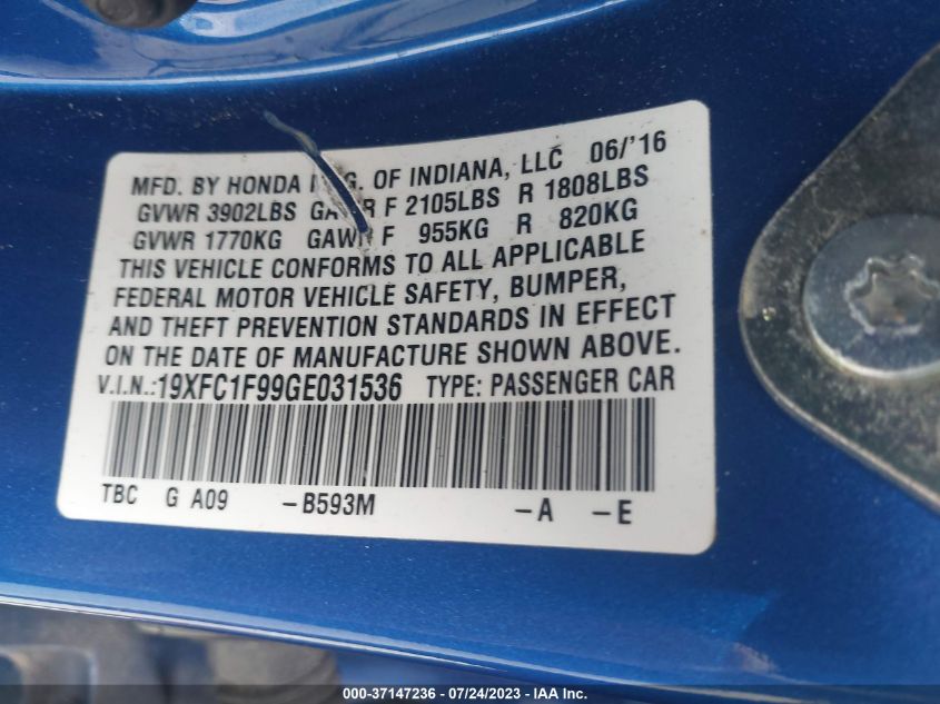 2016 HONDA CIVIC SEDAN TOURING - 19XFC1F99GE031536
