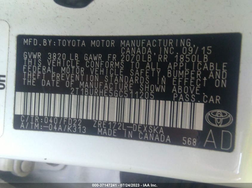 2016 TOYOTA COROLLA L/LE/LE PLS/PRM/S/S PLS - 2T1BURHE5GC511205