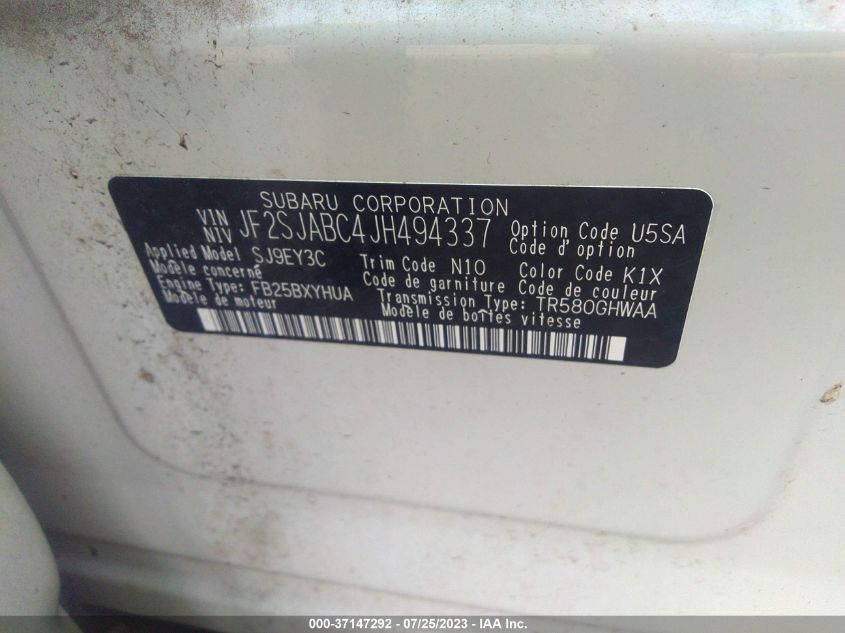 2018 SUBARU FORESTER - JF2SJABC4JH494337
