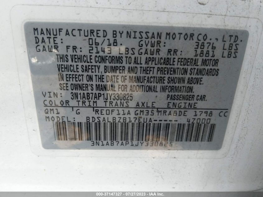 VIN 3N1AB7AP1JY330825 2018 NISSAN SENTRA S/SV/SR/SL
