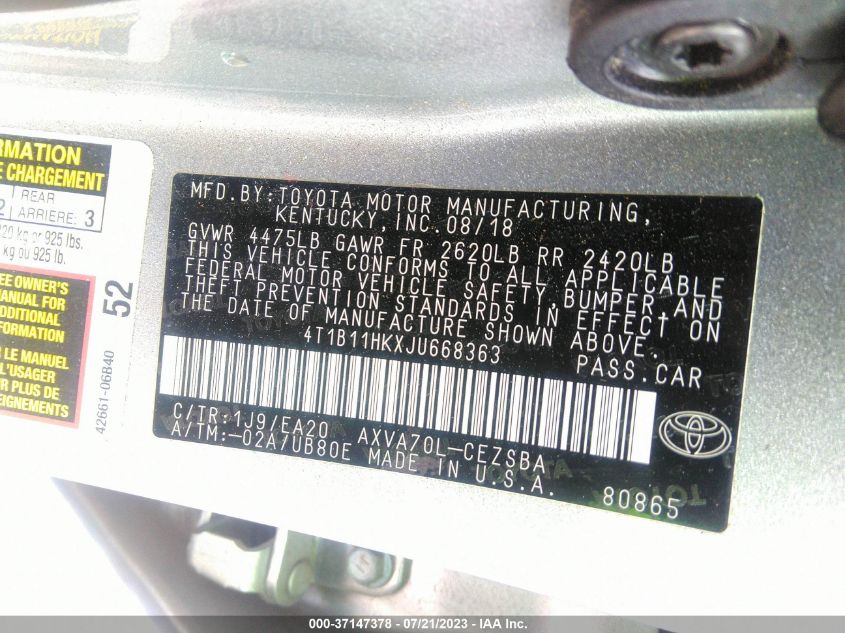 2018 TOYOTA CAMRY L/LE/XLE/SE/XSE - 4T1B11HKXJU668363