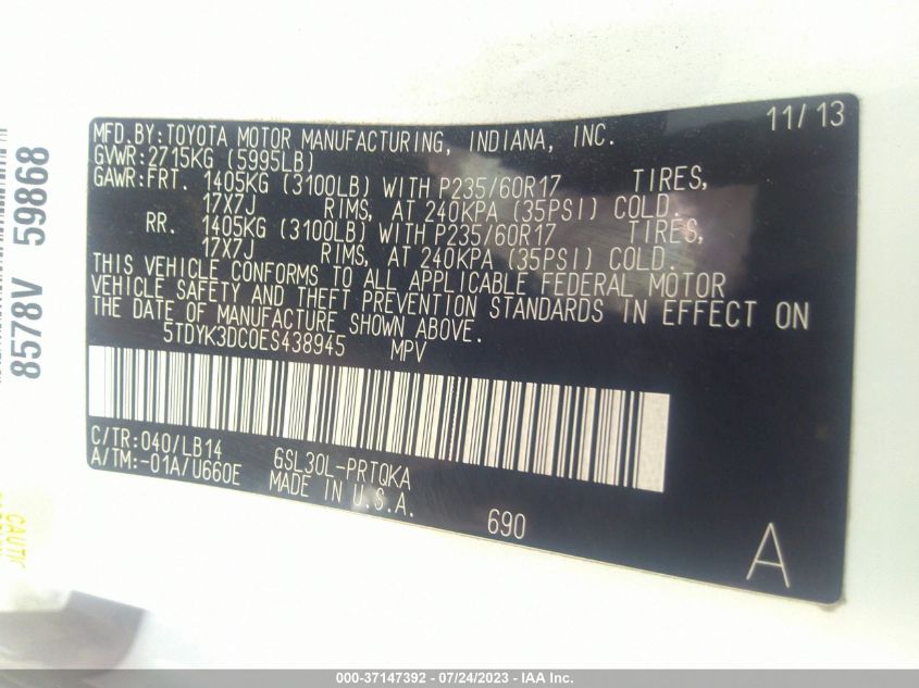 2014 TOYOTA SIENNA XLE/XLE AAS/LTD - 5TDYK3DC0ES438945