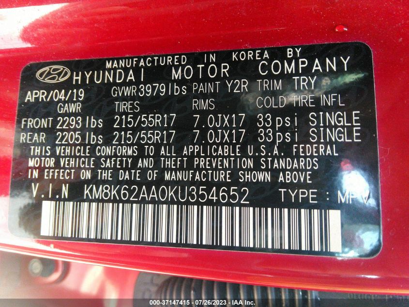 2019 HYUNDAI KONA SEL - KM8K62AA0KU354652