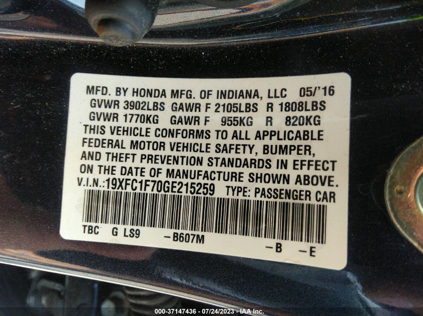 2016 HONDA CIVIC SEDAN EX-L - 19XFC1F70GE215259