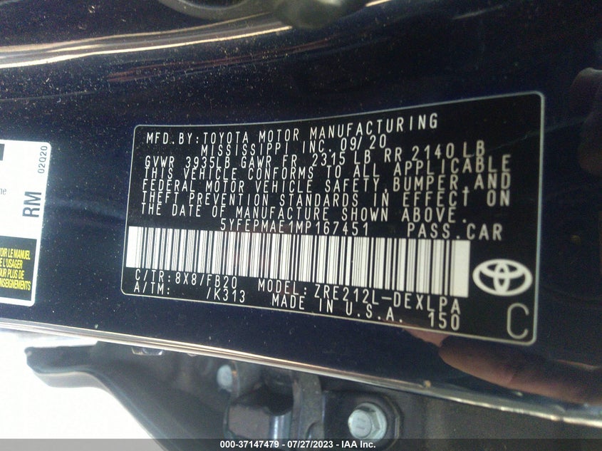 VIN 5YFEPMAE1MP167451 2021 TOYOTA COROLLA LE