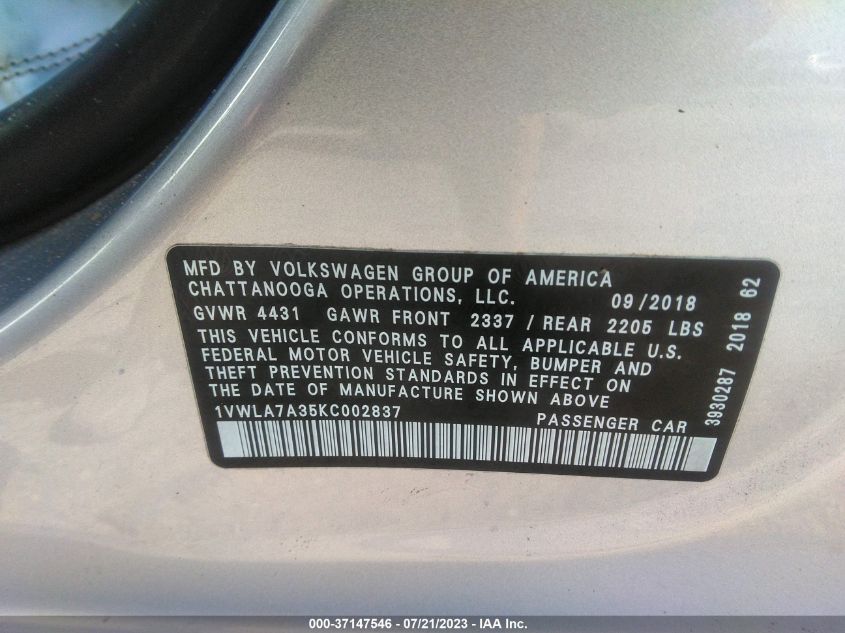 2019 VOLKSWAGEN PASSAT WOLFSBURG - 1VWLA7A35KC002837