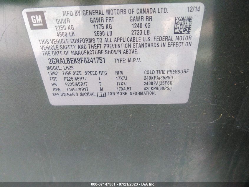 2015 CHEVROLET EQUINOX LT - 2GNALBEK8F6241751