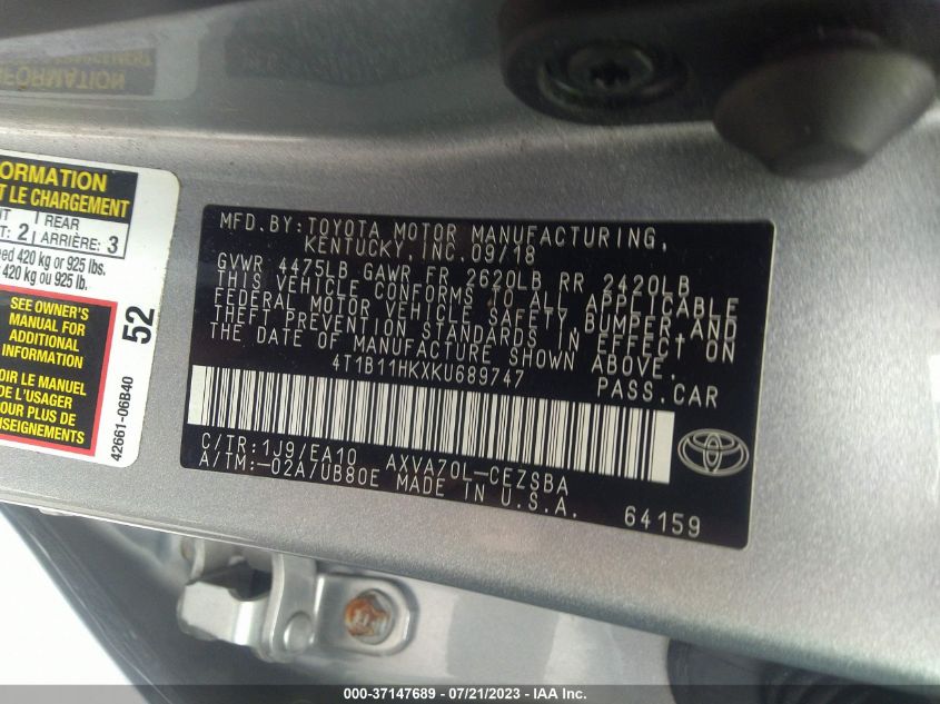 2019 TOYOTA CAMRY LE/SE/XLE/L - 4T1B11HKXKU689747