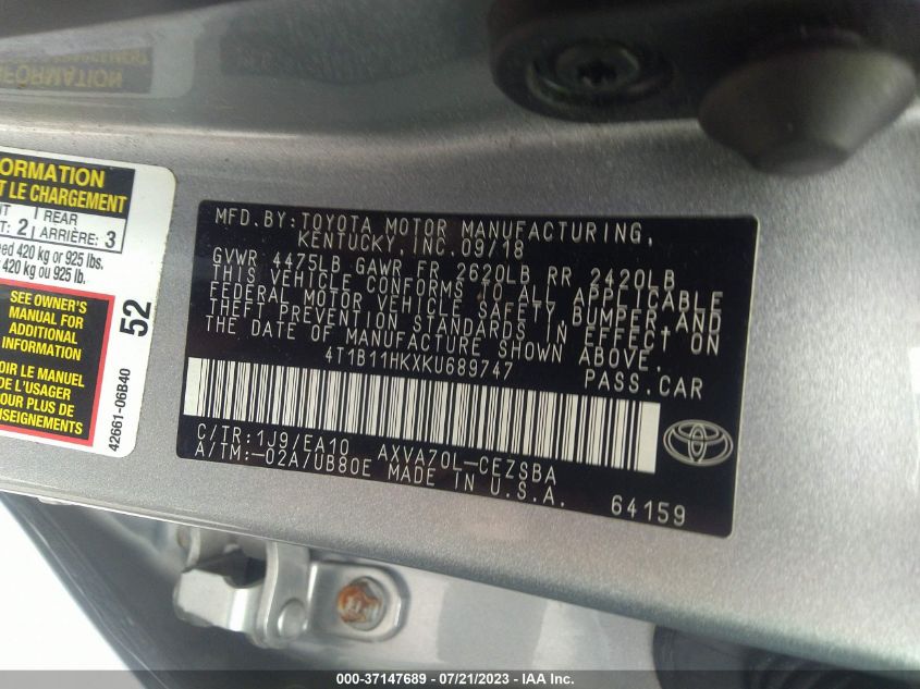 4T1B11HKXKU689747 Toyota Camry LE/SE/XLE/L 9