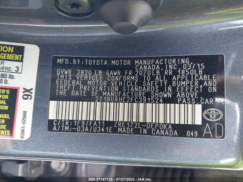 2015 TOYOTA COROLLA L/LE/LE PLS/PRM/S/S PLS - 2T1BURHE2FC391524