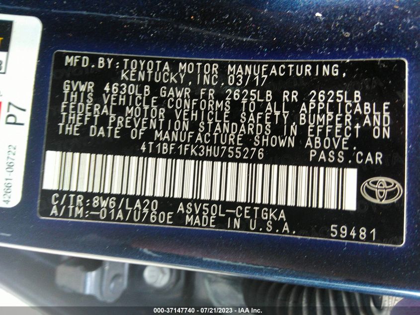 2017 TOYOTA CAMRY XLE/SE/LE/XSE - 4T1BF1FK3HU755276
