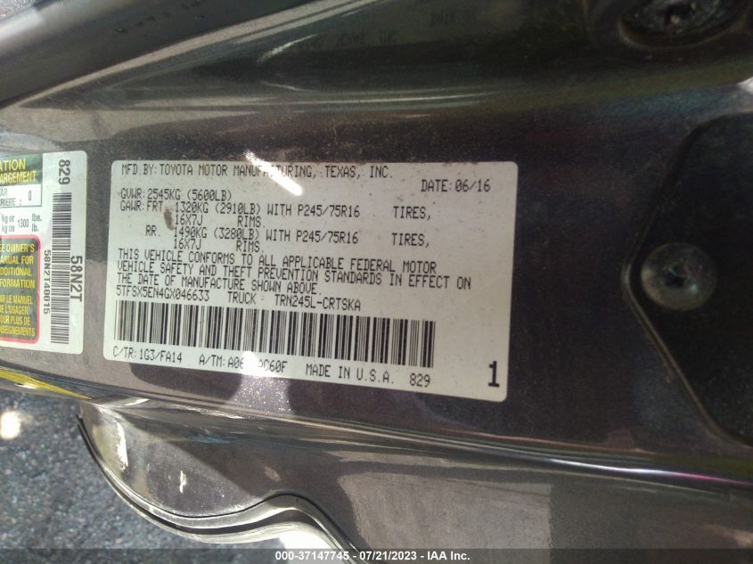2016 TOYOTA TACOMA ACCESS CAB/SR/SR5 - 5TFSX5EN4GX046633