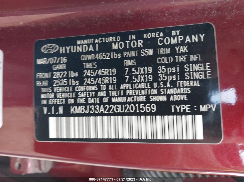 2016 HYUNDAI TUCSON SPORT - KM8J33A22GU201569