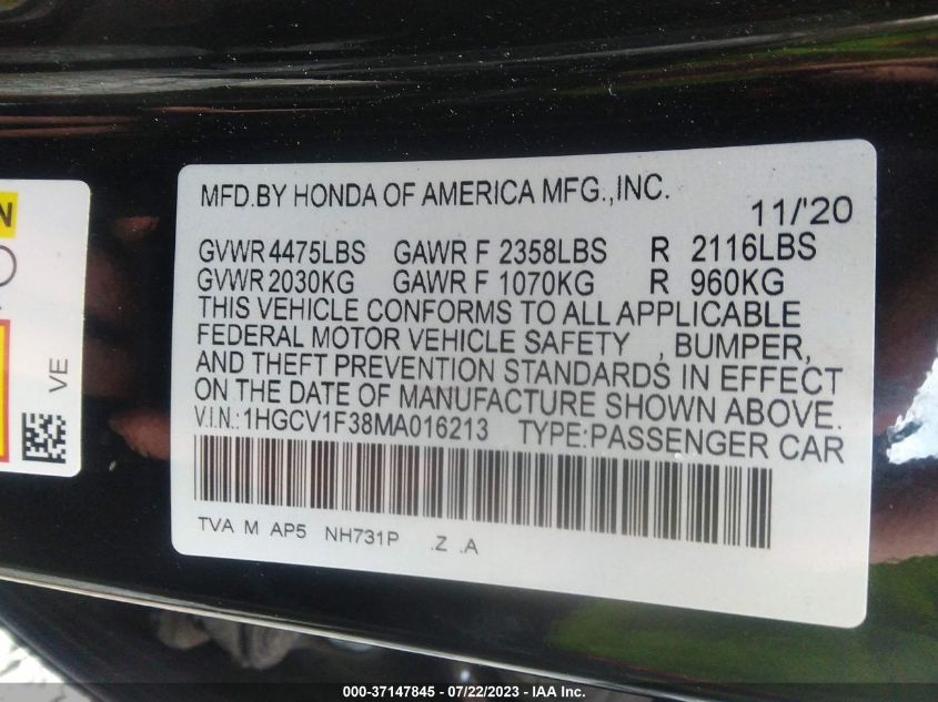 2021 HONDA ACCORD SEDAN SPORT - 1HGCV1F38MA016213