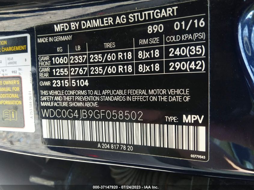 2016 MERCEDES-BENZ GLC GLC 300 - WDC0G4JB9GF058502