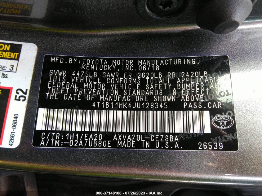 2018 TOYOTA CAMRY L/LE/XLE/SE/XSE - 4T1B11HK4JU128345