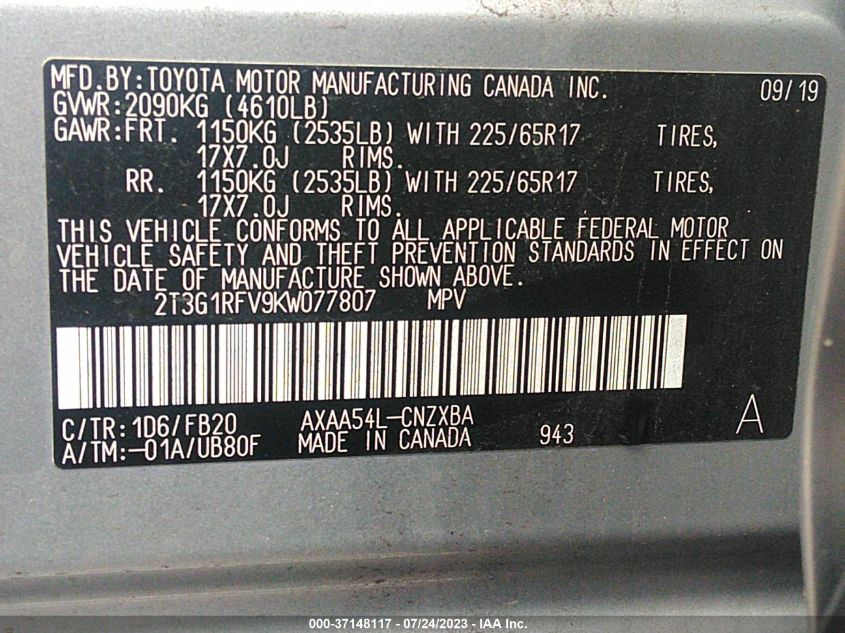 2019 TOYOTA RAV4 LE - 2T3G1RFV9KW077807