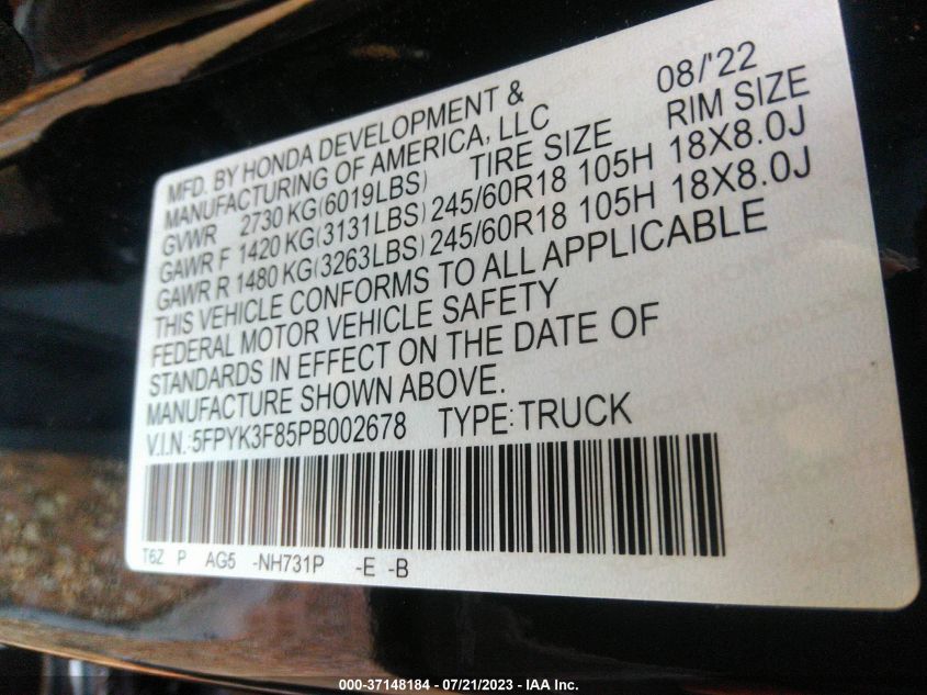 2023 HONDA RIDGELINE BLACK EDITION - 5FPYK3F85PB002678