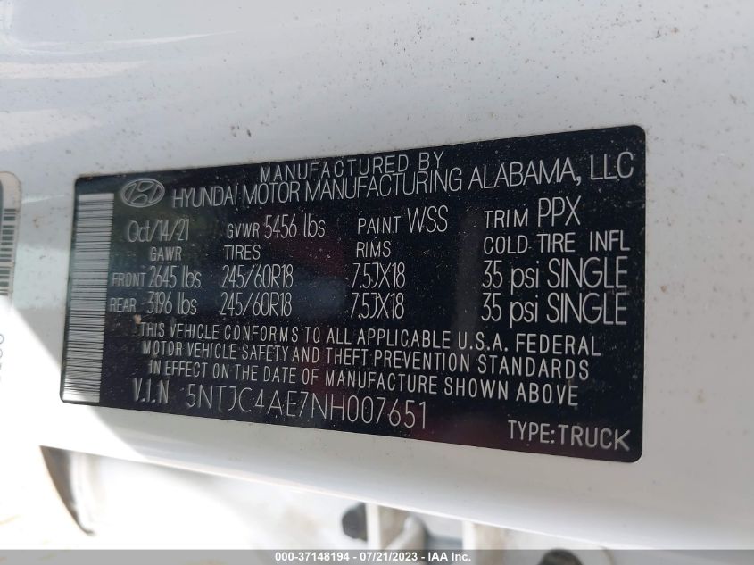 2022 HYUNDAI SANTA CRUZ SEL - 5NTJC4AE7NH007651