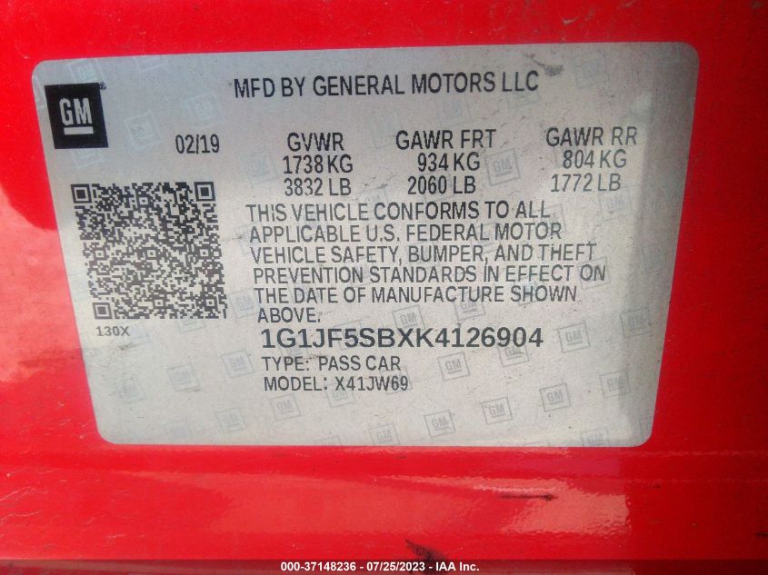2019 CHEVROLET SONIC PREMIER - 1G1JF5SBXK4126904