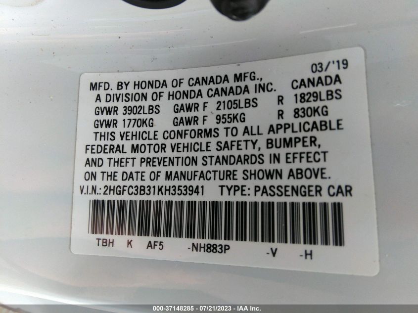 2019 HONDA CIVIC COUPE EX - 2HGFC3B31KH353941