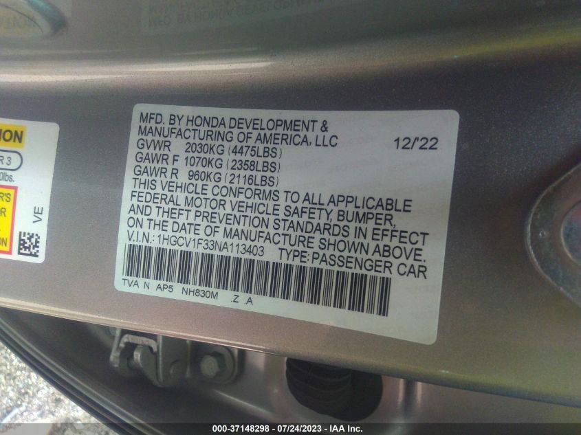 2022 HONDA ACCORD SPORT - 1HGCV1F33NA113403